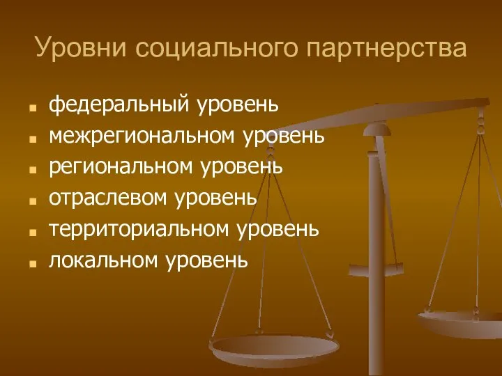 Уровни социального партнерства федеральный уровень межрегиональном уровень региональном уровень отраслевом уровень территориальном уровень локальном уровень