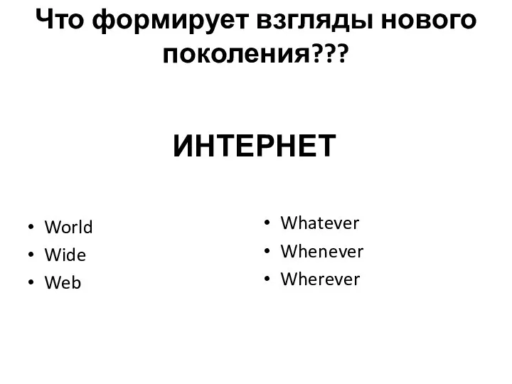 Что формирует взгляды нового поколения??? World Wide Web Whatever Whenever Wherever ИНТЕРНЕТ