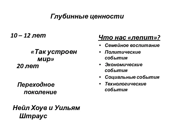 Глубинные ценности 10 – 12 лет Что нас «лепит»? Семейное воспитание