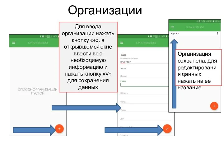 Организации Для ввода организации нажать кнопку «+», в открывшемся окне ввести