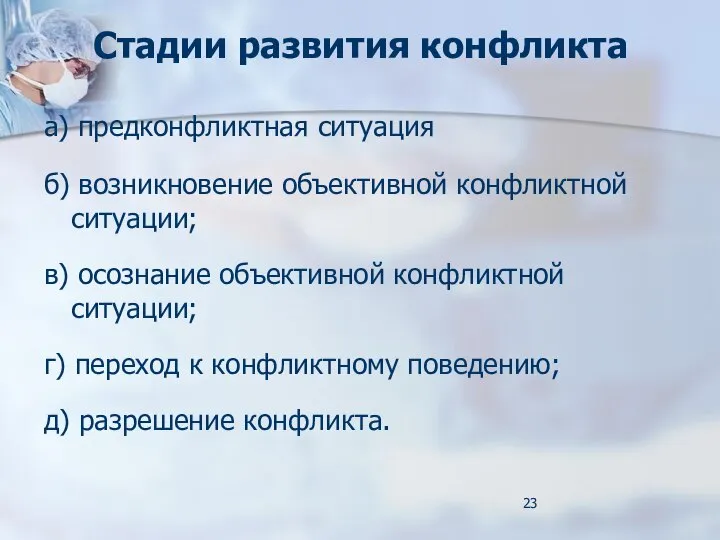 Стадии развития конфликта а) предконфликтная ситуация б) возникновение объективной конфликтной ситуации;