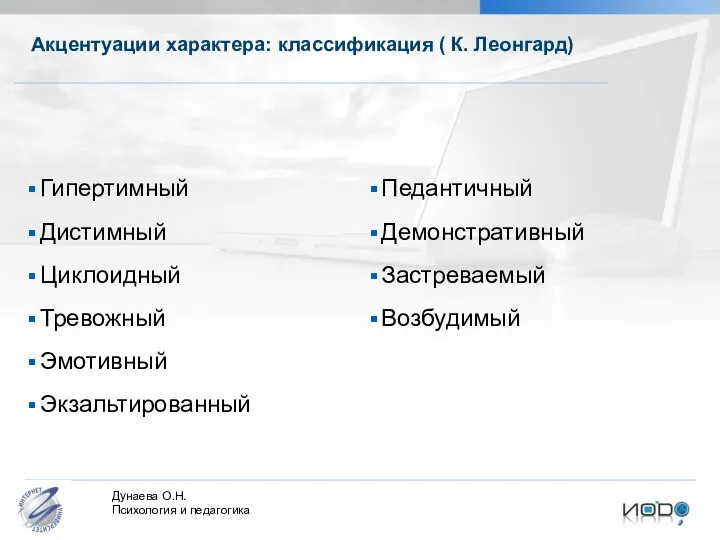 Гипертимный Дистимный Циклоидный Тревожный Эмотивный Экзальтированный Педантичный Демонстративный Застреваемый Возбудимый Акцентуации характера: классификация ( К. Леонгард)