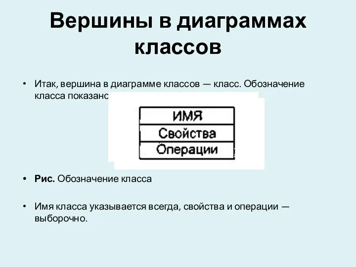 Вершины в диаграммах классов Итак, вершина в диаграмме классов — класс.