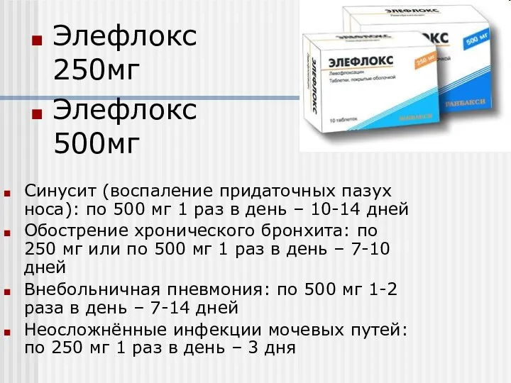 Элефлокс 250мг Элефлокс 500мг Синусит (воспаление придаточных пазух носа): по 500