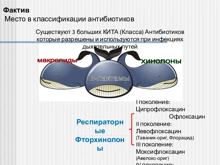 Фактив Место в классификации антибиотиков I поколение: Ципрофлоксацин Офлоксацин II поколение: