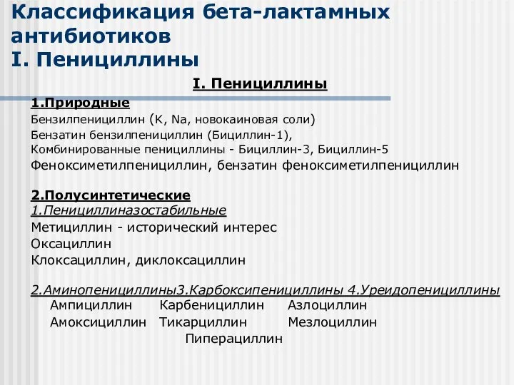 Классификация бета-лактамных антибиотиков I. Пенициллины I. Пенициллины 1.Природные Бензилпенициллин (K, Na,