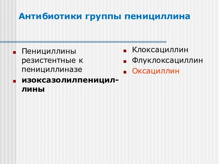 Антибиотики группы пенициллина Пенициллины резистентные к пенициллиназе изоксазолилпеницил-лины Клоксациллин Флуклоксациллин Оксациллин