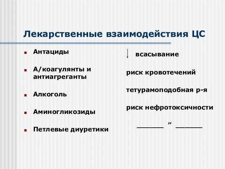 Лекарственные взаимодействия ЦС Антациды А/коагулянты и антиагреганты Алкоголь Аминогликозиды Петлевые диуретики