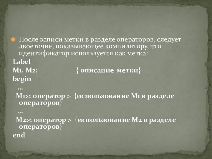 После записи метки в разделе операторов, следует двоеточие, показывающее компилятору, что