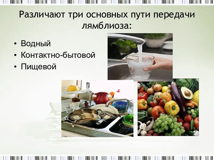 Различают три основных пути передачи лямблиоза: Водный Контактно-бытовой Пищевой