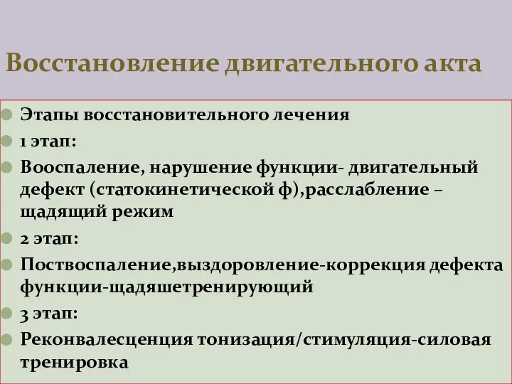 Этапы восстановительного лечения 1 этап: Вооспаление, нарушение функции- двигательный дефект (статокинетической