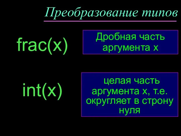 Преобразование типов frac(x) целая часть аргумента х, т.е. округляет в строну