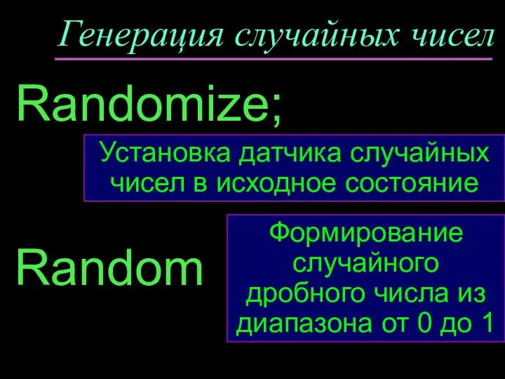 Генерация случайных чисел Random Формирование случайного дробного числа из диапазона от