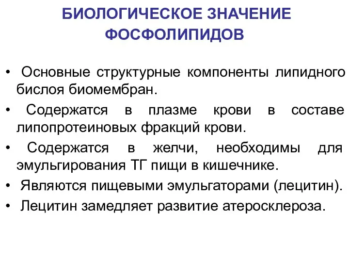 БИОЛОГИЧЕСКОЕ ЗНАЧЕНИЕ ФОСФОЛИПИДОВ Основные структурные компоненты липидного бислоя биомембран. Содержатся в