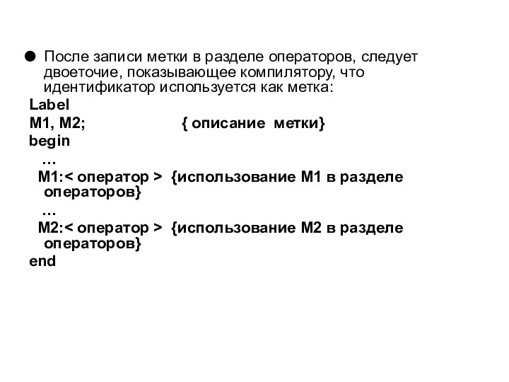 После записи метки в разделе операторов, следует двоеточие, показывающее компилятору, что