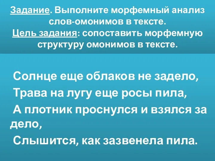 Задание. Выполните морфемный анализ слов-омонимов в тексте. Цель задания: сопоставить морфемную