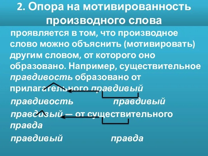 2. Опора на мотивированность производного слова проявляется в том, что производное