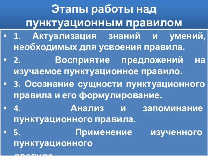 Этапы работы над пунктуационным правилом 1. Актуализация знаний и умений, необходимых