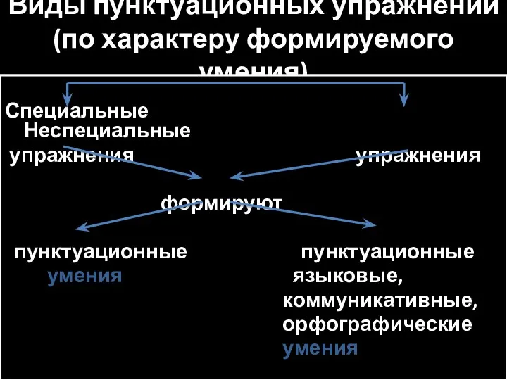 Виды пунктуационных упражнений (по характеру формируемого умения) Специальные Неспециальные упражнения упражнения