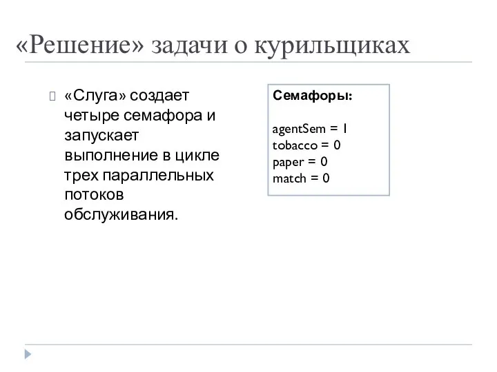 «Решение» задачи о курильщиках Семафоры: agentSem = 1 tobacco = 0