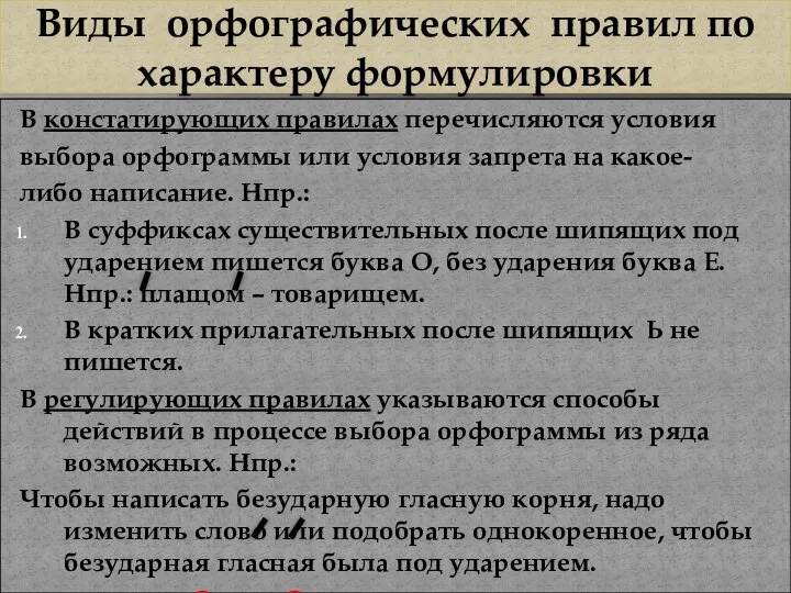 Виды орфографических правил по характеру формулировки В констатирующих правилах перечисляются условия