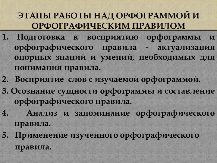 ЭТАПЫ РАБОТЫ НАД ОРФОГРАММОЙ И ОРФОГРАФИЧЕСКИМ ПРАВИЛОМ 1. Подготовка к восприятию