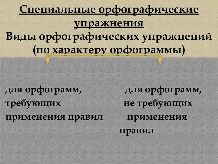 Специальные орфографические упражнения Виды орфографических упражнений (по характеру орфограммы) для орфограмм,