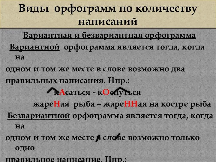 Виды орфограмм по количеству написаний Вариантная и безвариантная орфограмма Вариантной орфограмма