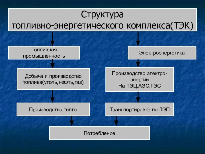 Структура топливно-энергетического комплекса(ТЭК) Топливная промышленность Электроэнергетика Добыча и производство топлива(уголь,нефть,газ) Производство