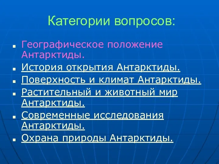 Категории вопросов: Географическое положение Антарктиды. История открытия Антарктиды. Поверхность и климат