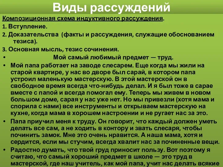 Виды рассуждений Композиционная схема индуктивного рассуждения. 1. Вступление. 2. Доказательства (факты