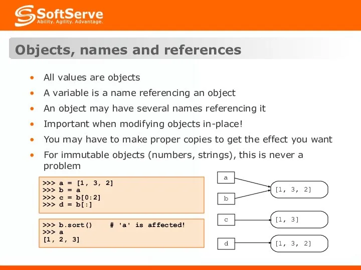 Objects, names and references All values are objects A variable is