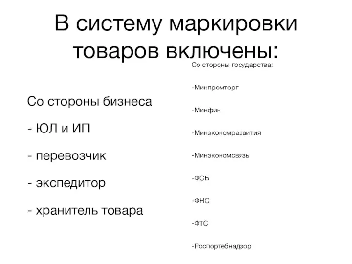 В систему маркировки товаров включены: Со стороны бизнеса - ЮЛ и