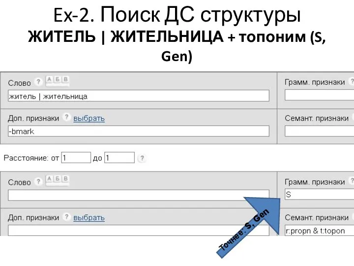 Ex-2. Поиск ДС структуры ЖИТЕЛЬ | ЖИТЕЛЬНИЦА + топоним (S, Gen) Точнее: S, Gen