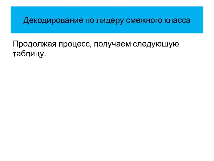 Декодирование по лидеру смежного класса Продолжая процесс, получаем следующую таблицу.