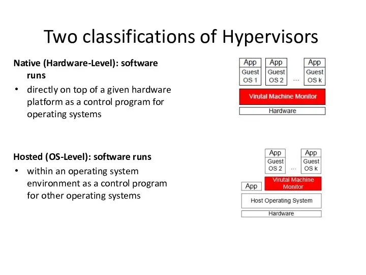 Native (Hardware-Level): software runs directly on top of a given hardware