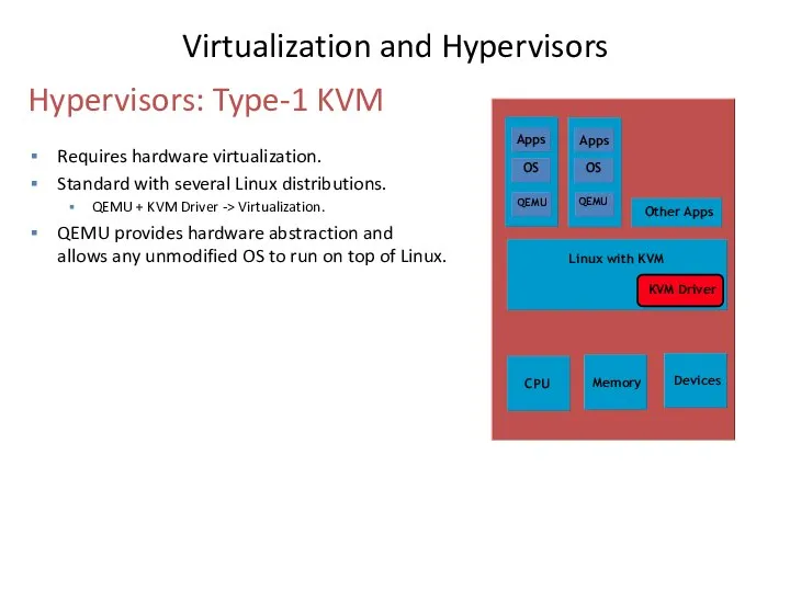 Requires hardware virtualization. Standard with several Linux distributions. QEMU + KVM