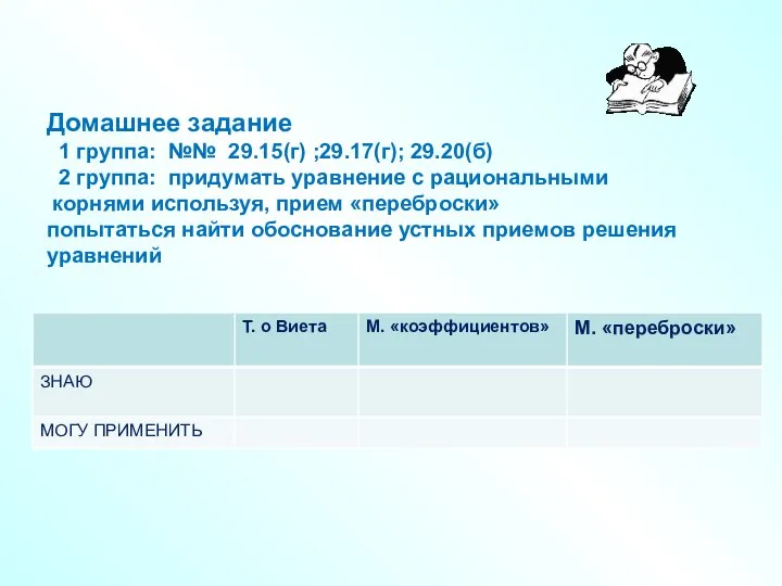 Домашнее задание 1 группа: №№ 29.15(г) ;29.17(г); 29.20(б) 2 группа: придумать