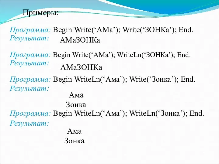 Примеры: Программа: Begin Write(‘АМа’); Write(‘ЗОНКа’); End. Результат: Программа: Begin Write(‘АМа’); WriteLn(‘ЗОНКа’);