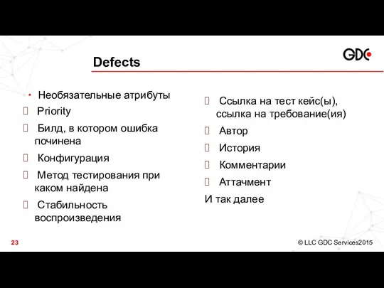 Defects Необязательные атрибуты Priority Билд, в котором ошибка починена Конфигурация Метод