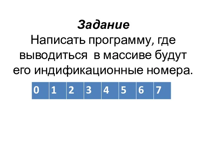 Задание Написать программу, где выводиться в массиве будут его индификационные номера.