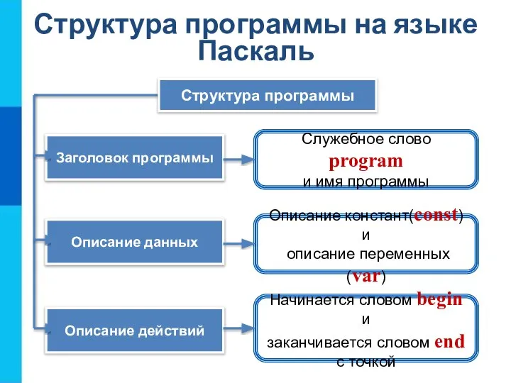 Структура программы на языке Паскаль Служебное слово program и имя программы