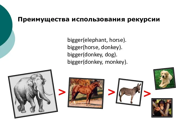 bigger(elephant, horse). bigger(horse, donkey). bigger(donkey, dog). bigger(donkey, monkey). > > > Преимущества использования рекурсии