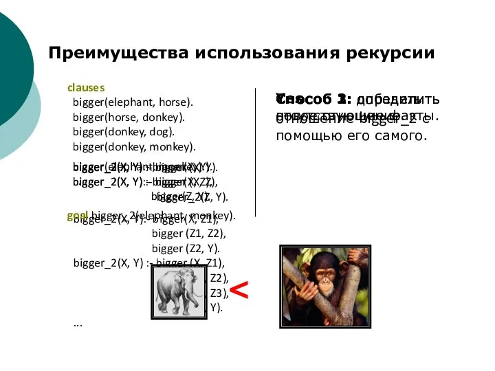 clauses bigger(elephant, horse). bigger(horse, donkey). bigger(donkey, dog). bigger(donkey, monkey). bigger(elephant, monkey).