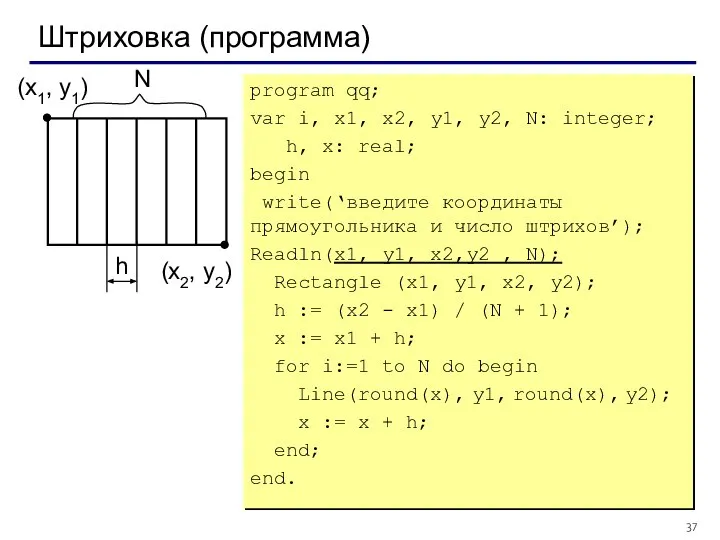 Штриховка (программа) (x1, y1) (x2, y2) h program qq; var i,