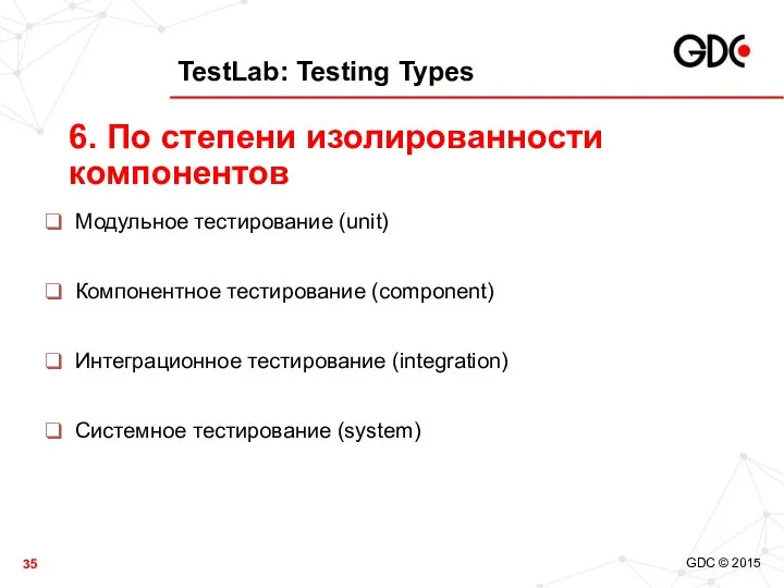 TestLab: Testing Types Модульное тестирование (unit) Компонентное тестирование (component) Интеграционное тестирование