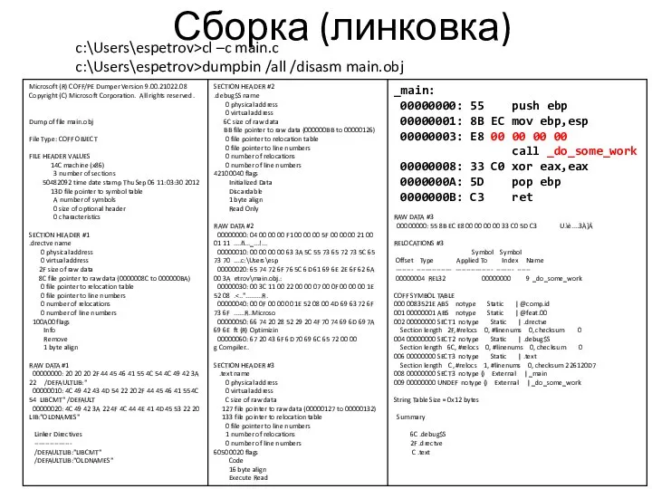 Сборка (линковка) c:\Users\espetrov>cl –c main.c c:\Users\espetrov>dumpbin /all /disasm main.obj