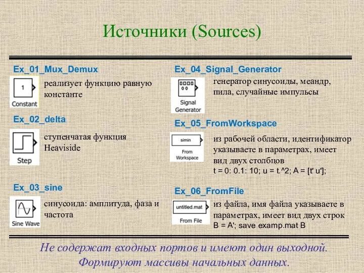 Источники (Sources) Не содержат входных портов и имеют один выходной. Формируют массивы начальных данных.