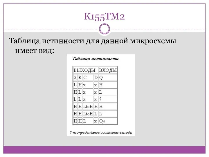 К155ТМ2 Таблица истинности для данной микросхемы имеет вид: