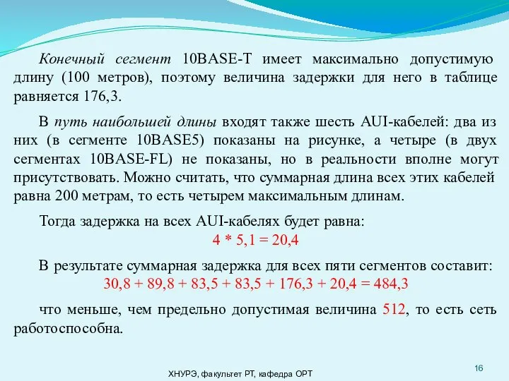 ХНУРЭ, факультет РТ, кафедра ОРТ Конечный сегмент 10BASE-T имеет максимально допустимую